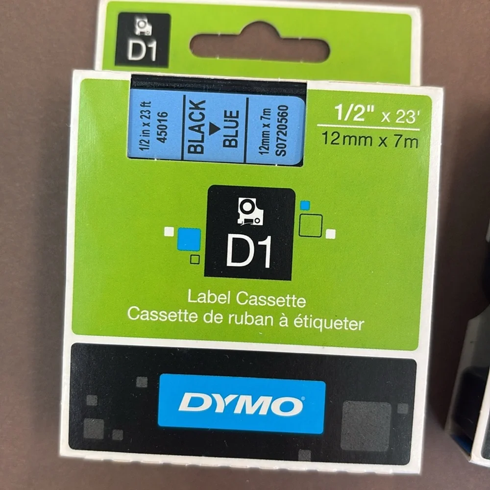 🟢 FREE WITH ANY PURCHASE OVER $10. (2) DYMO D1 Label 1/2” x 23’ Black on Blue